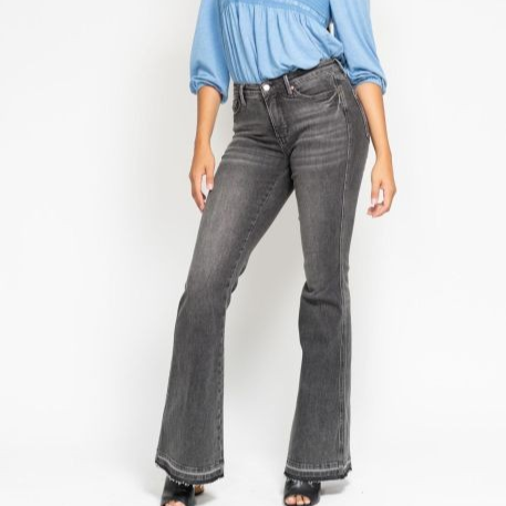 Midrise Tummy Control Washed Gray Release Hem Flare