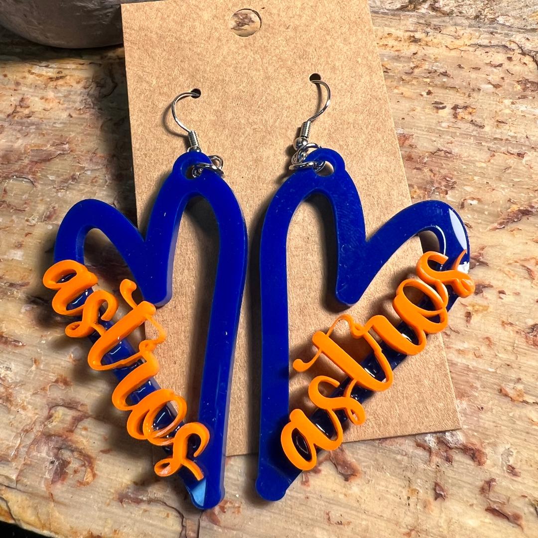 Love Our Astros Blue & Orange Acrylic Heart Earrings
