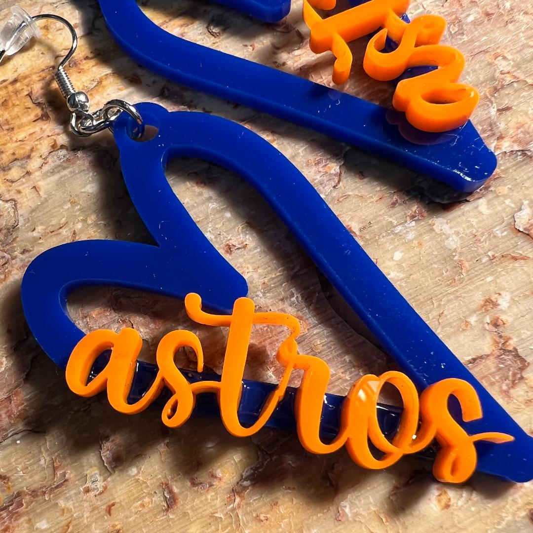 Love Our Astros Blue & Orange Acrylic Heart Earrings
