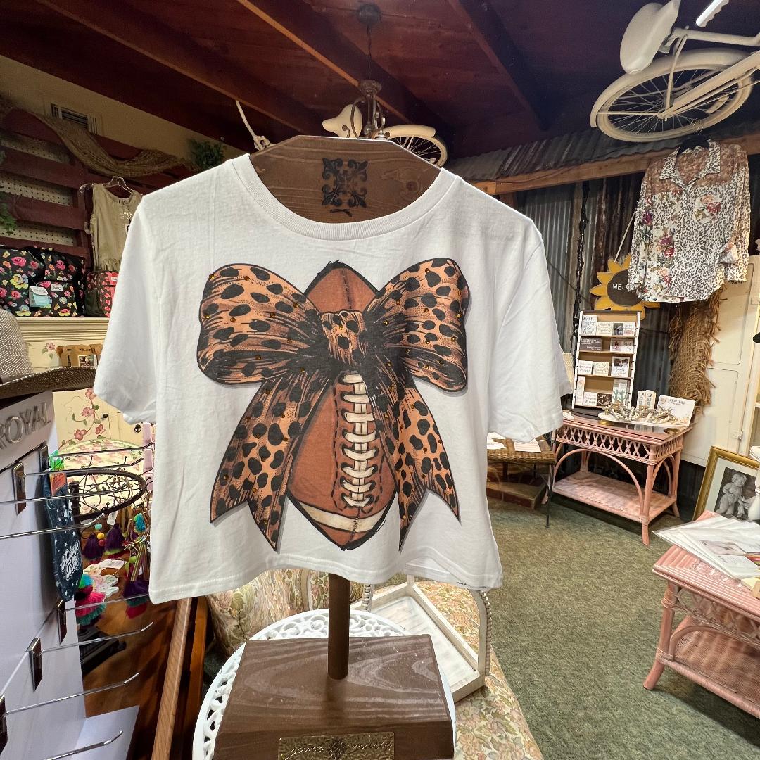 Football Cheetah Rhinestone Bow Crew Neck Graphic Crop Tee