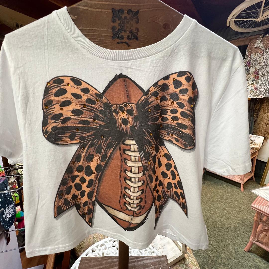 Football Cheetah Rhinestone Bow Crew Neck Graphic Crop Tee