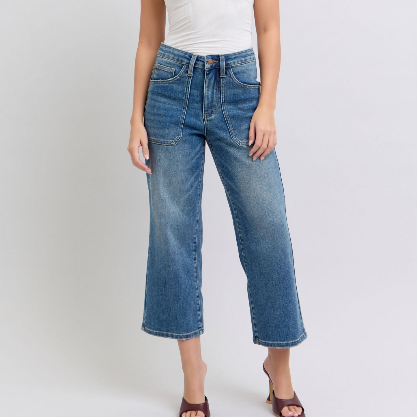 High Waist Utility Pocket Crop Wide Leg Jeans