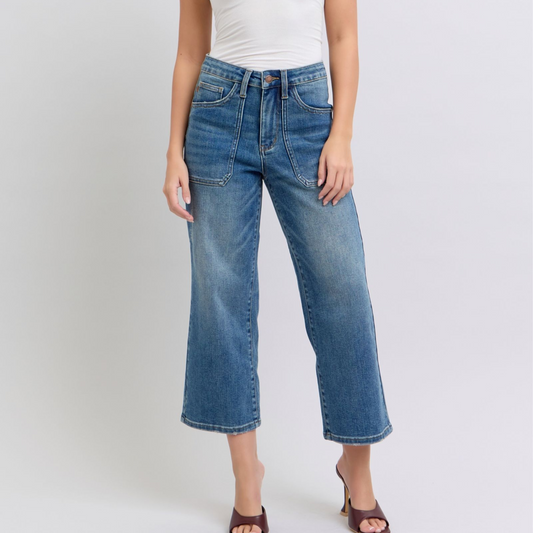 High Waist Utility Pocket Crop Wide Leg Jeans