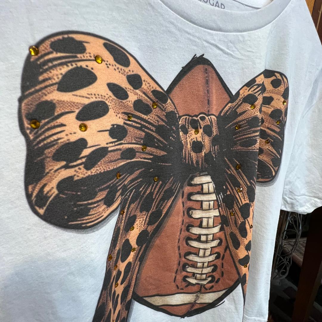 Football Cheetah Rhinestone Bow Crew Neck Graphic Crop Tee