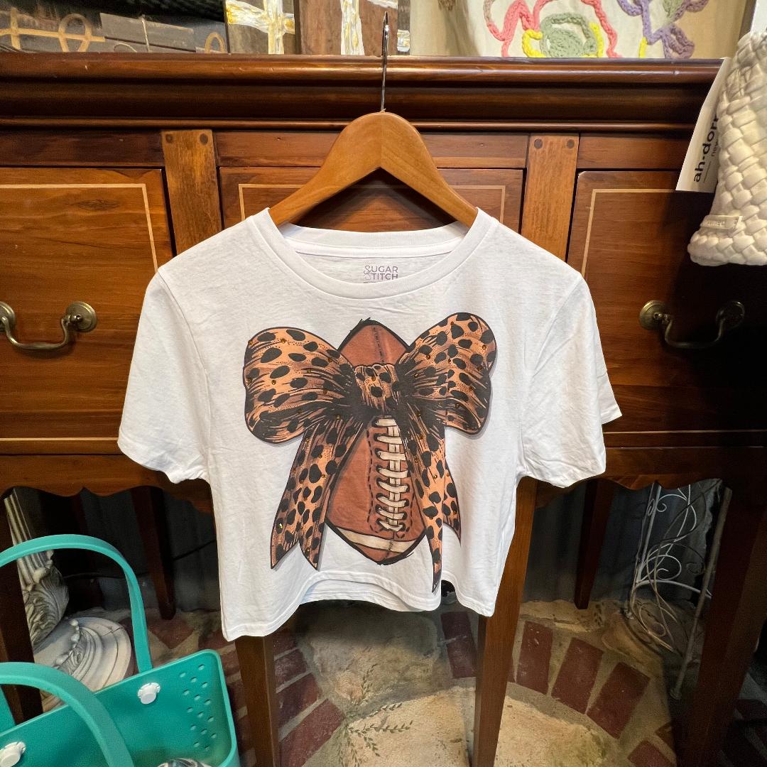 Football Cheetah Rhinestone Bow Crew Neck Graphic Crop Tee