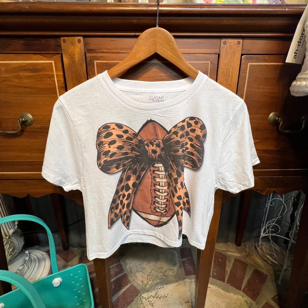 Football Cheetah Rhinestone Bow Crew Neck Graphic Crop Tee