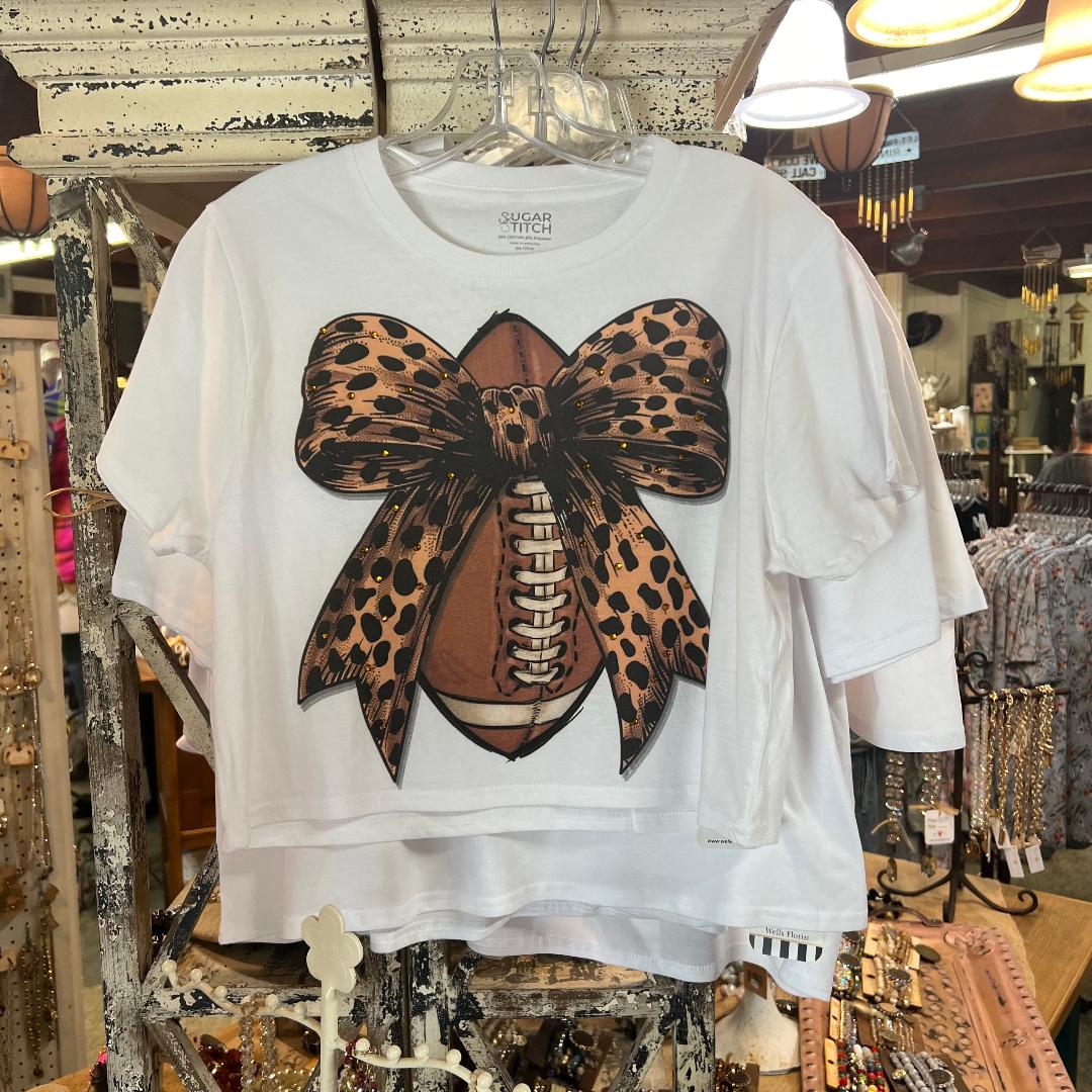 Football Cheetah Rhinestone Bow Crew Neck Graphic Crop Tee