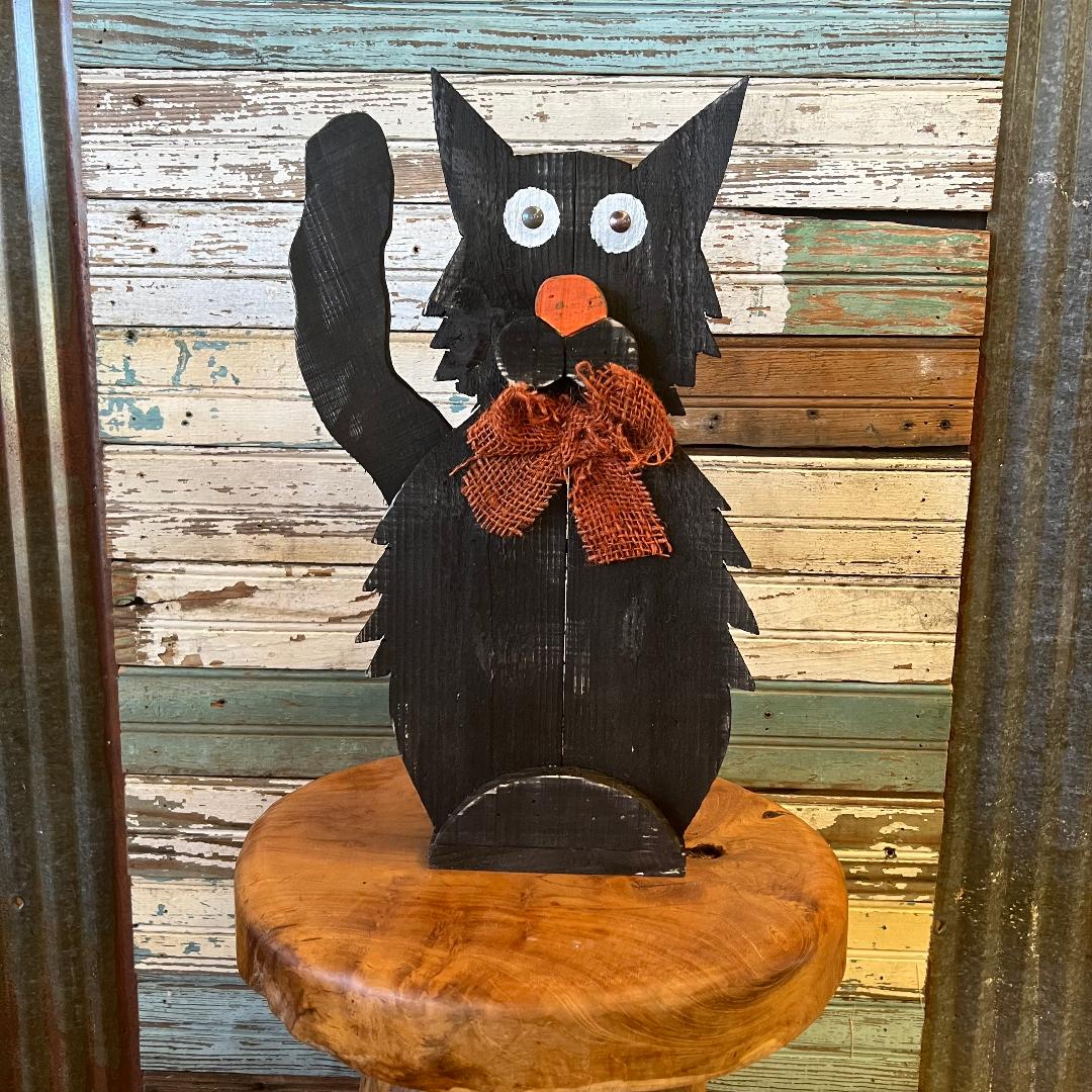 Primitive Black Wood Large Cat with Orange Bow
