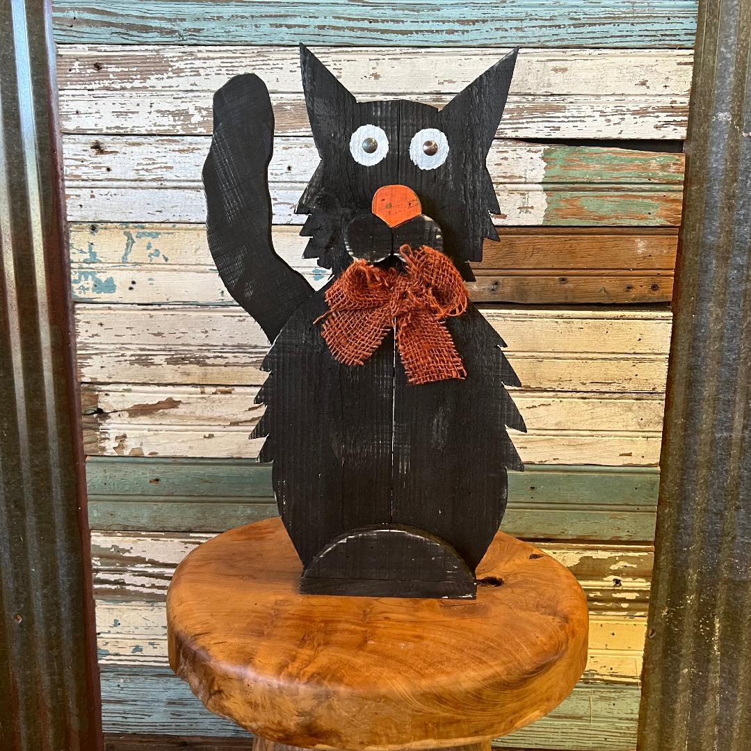 Primitive Black Wood Large Cat with Orange Bow