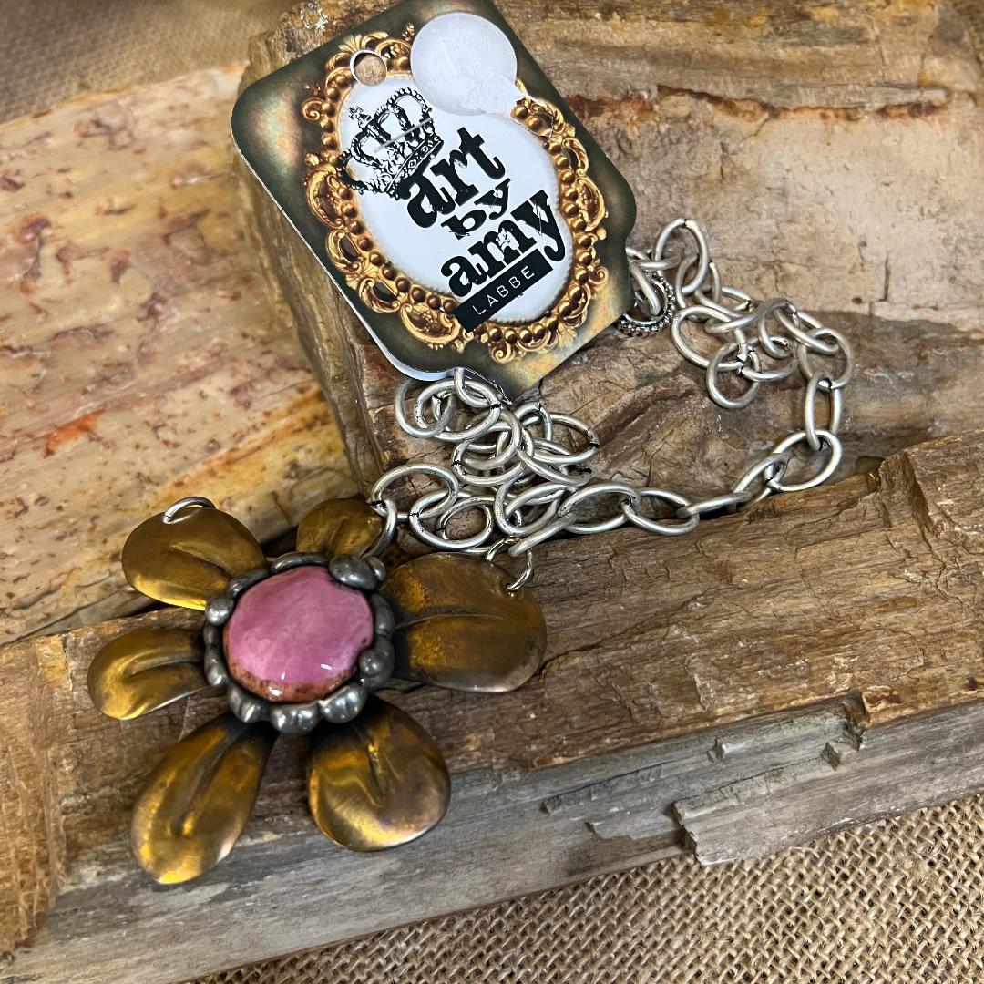 Rose Pink Gemstone Daisy and Brass Unforgettable Necklace