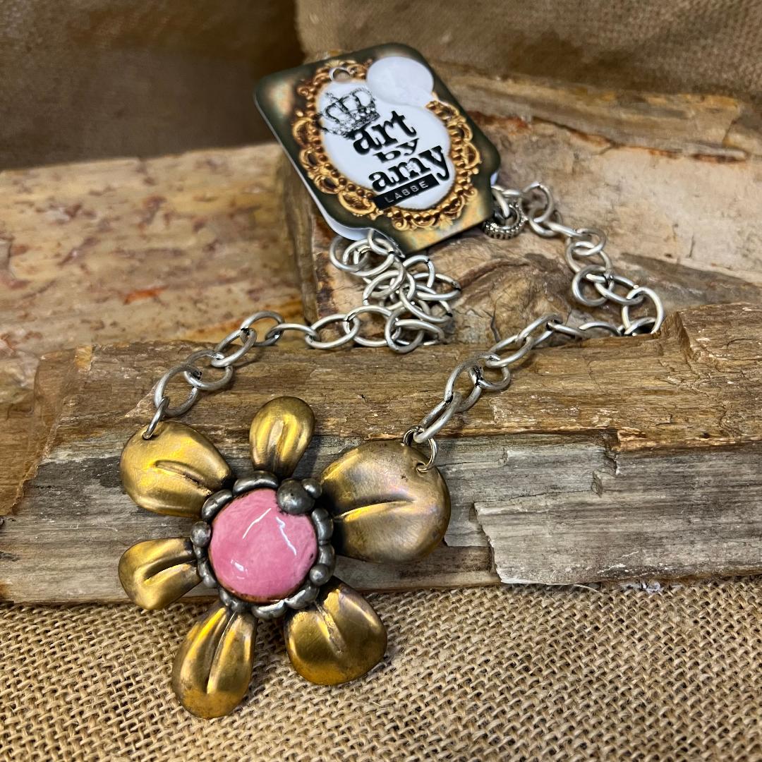 Rose Pink Gemstone Daisy and Brass Unforgettable Necklace