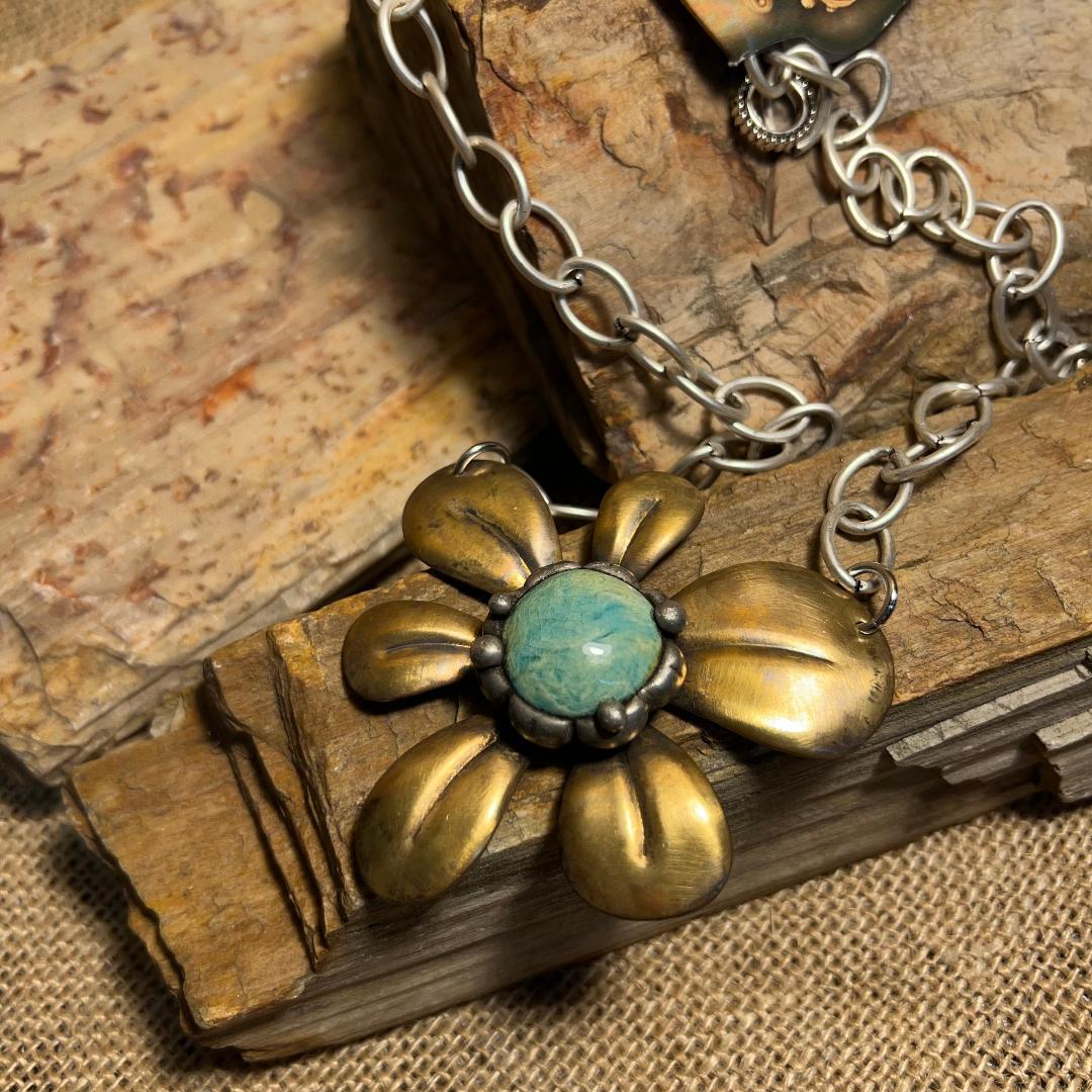 Lovely Turquoise Daisy and Brass Unforgettable Necklace