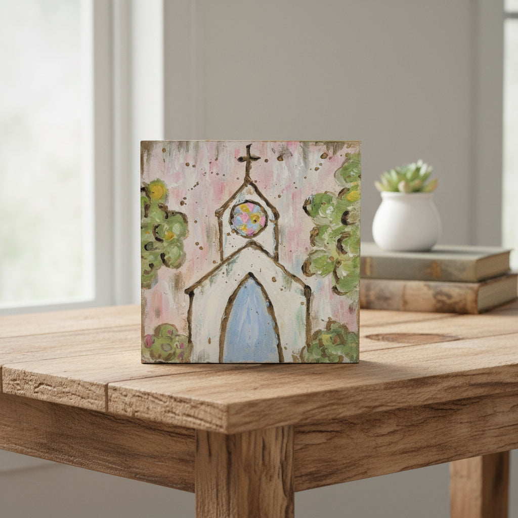 6x1x6" Hand Painted Table Sign, Church