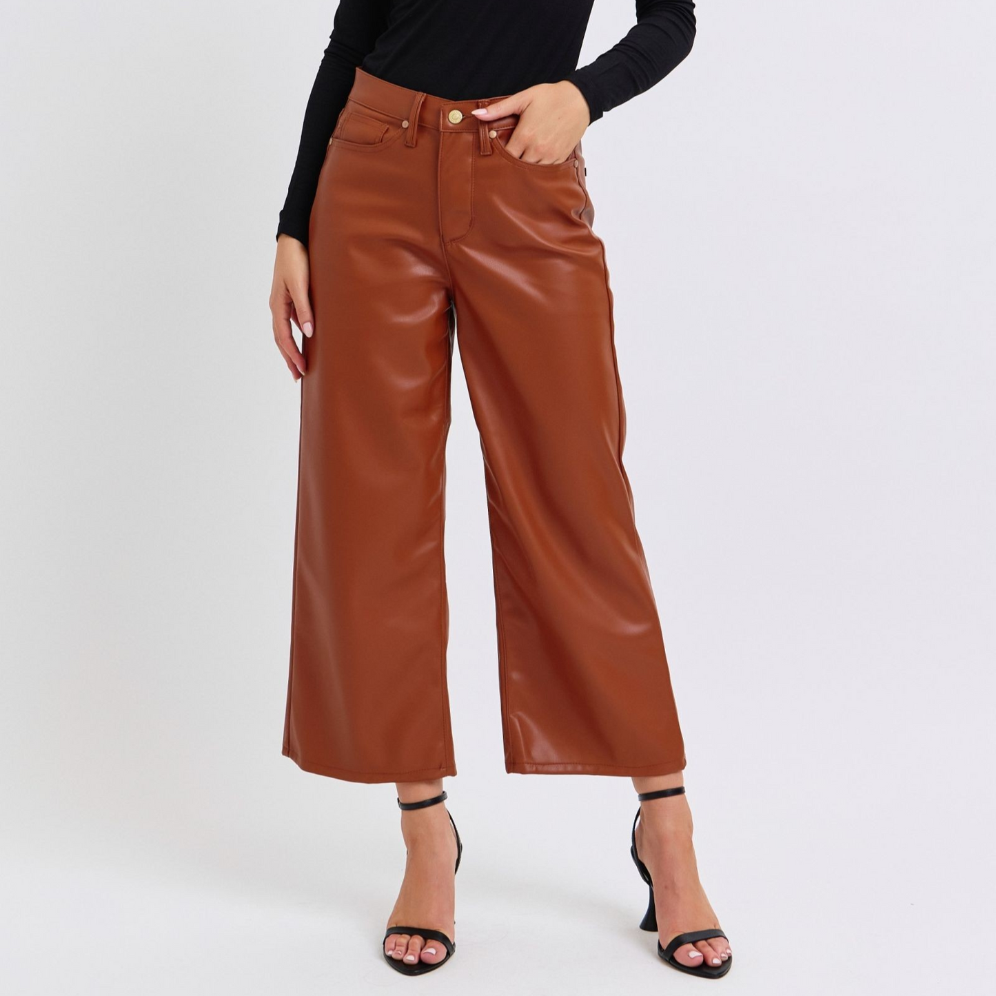 High Waist Tummy Control Camel Faux Leather Crop Wide Leg