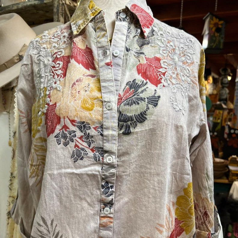 Embroidered Floral Printed Long Sleeve Button Down Shirt