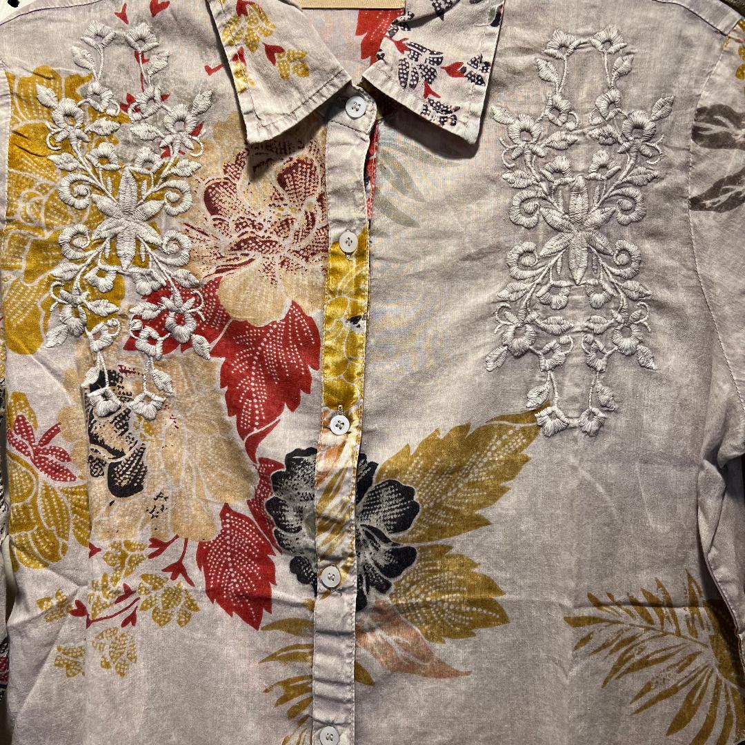 Embroidered Floral Printed Long Sleeve Button Down Shirt