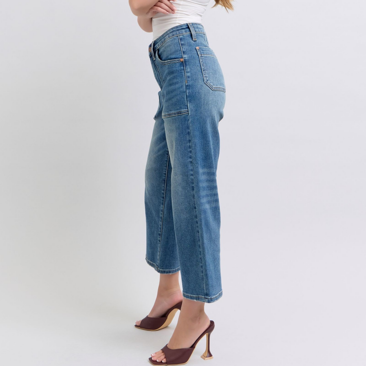 High Waist Utility Pocket Crop Wide Leg Jeans