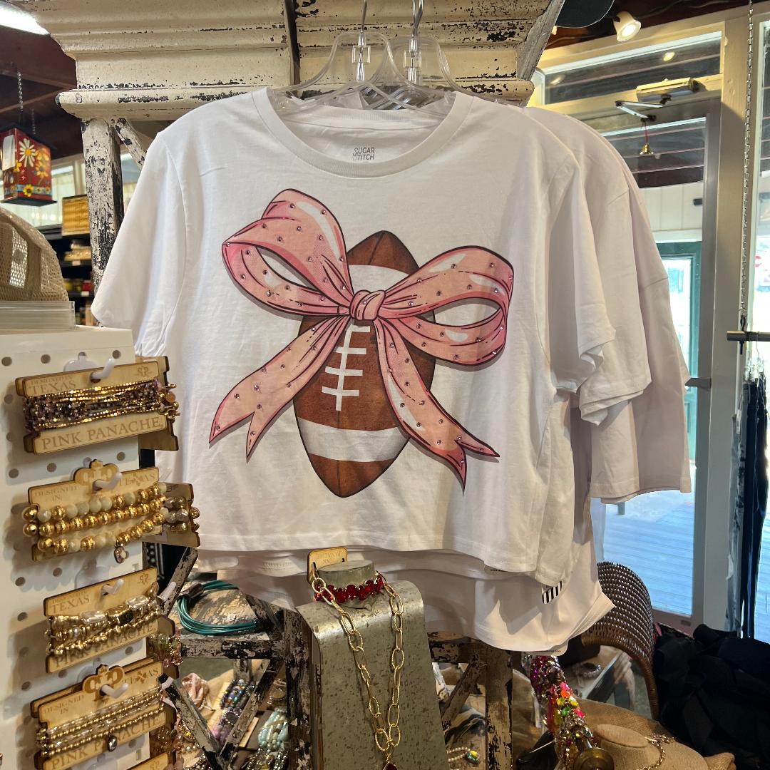 Football Pink Rhinestone Bow Crew Neck Graphic Crop Tee