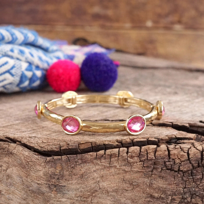 Jeweled Golden Bangle with Faceted Glass Pink Jewels