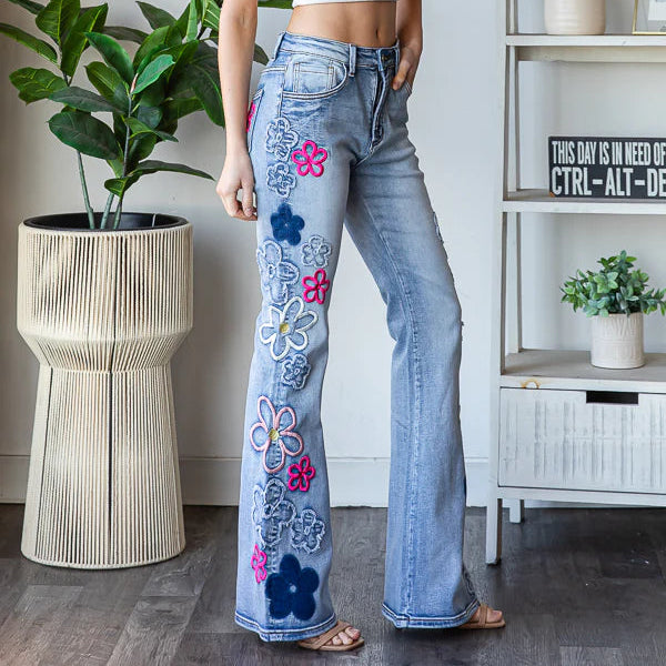 Washed Flower Embroidery Denim Pants