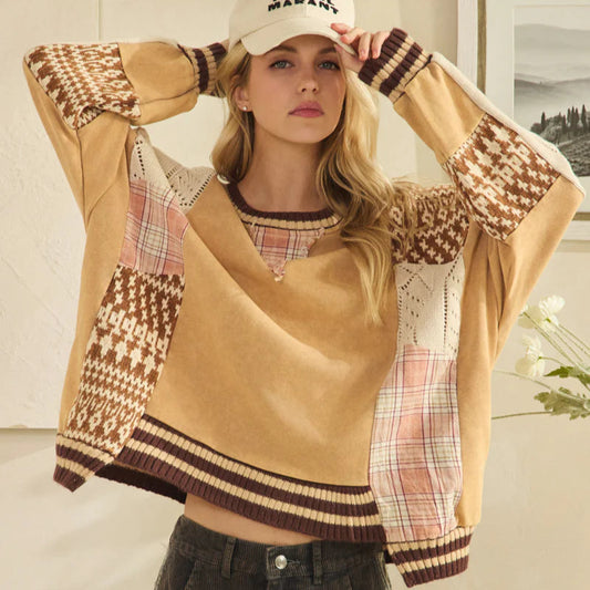Washed Fabric Mix Sweater Top