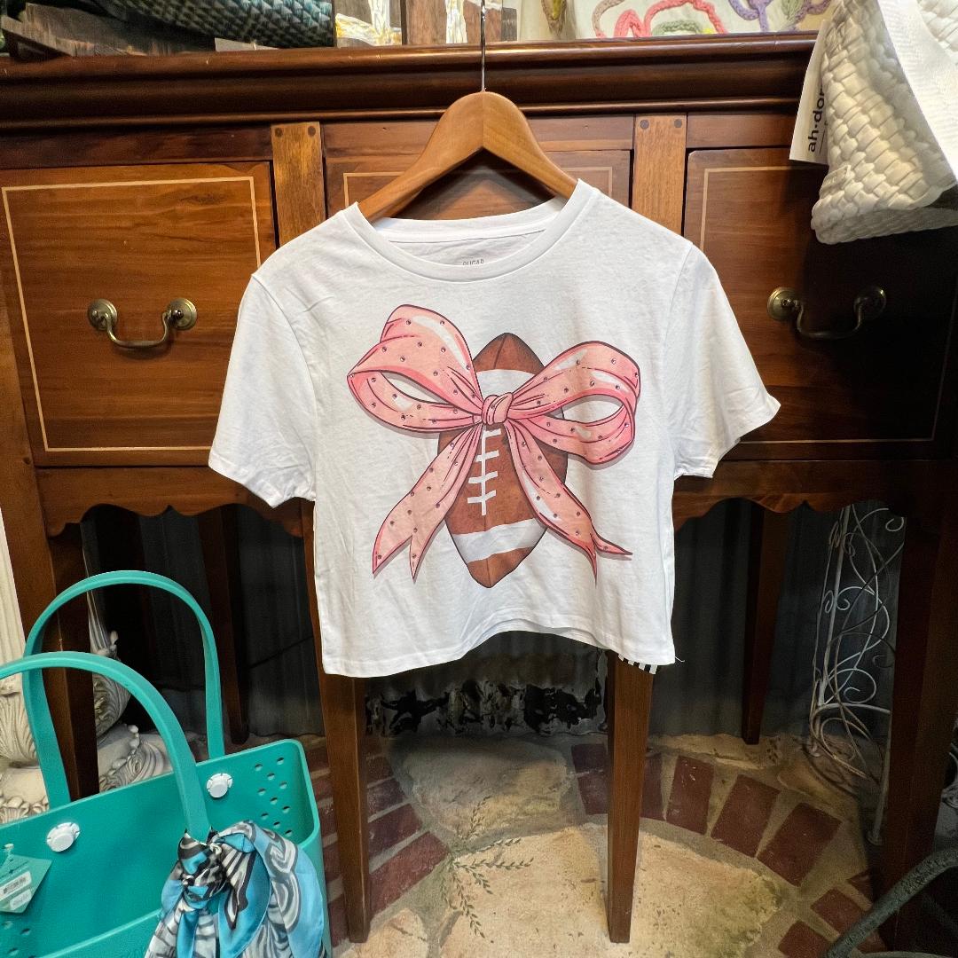 Football Pink Rhinestone Bow Crew Neck Graphic Crop Tee