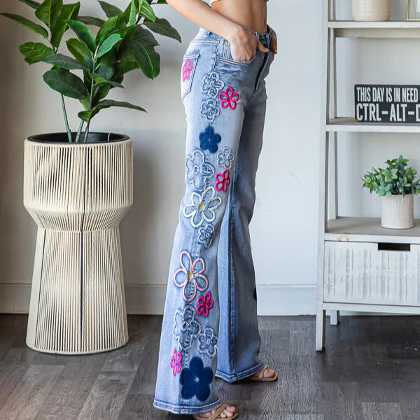 Washed Flower Embroidery Denim Pants