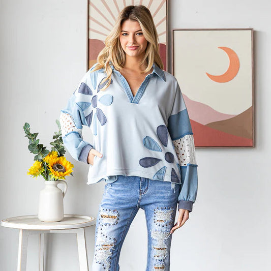 Washed Daisey Patchwork V Neck Long Sleeve Top