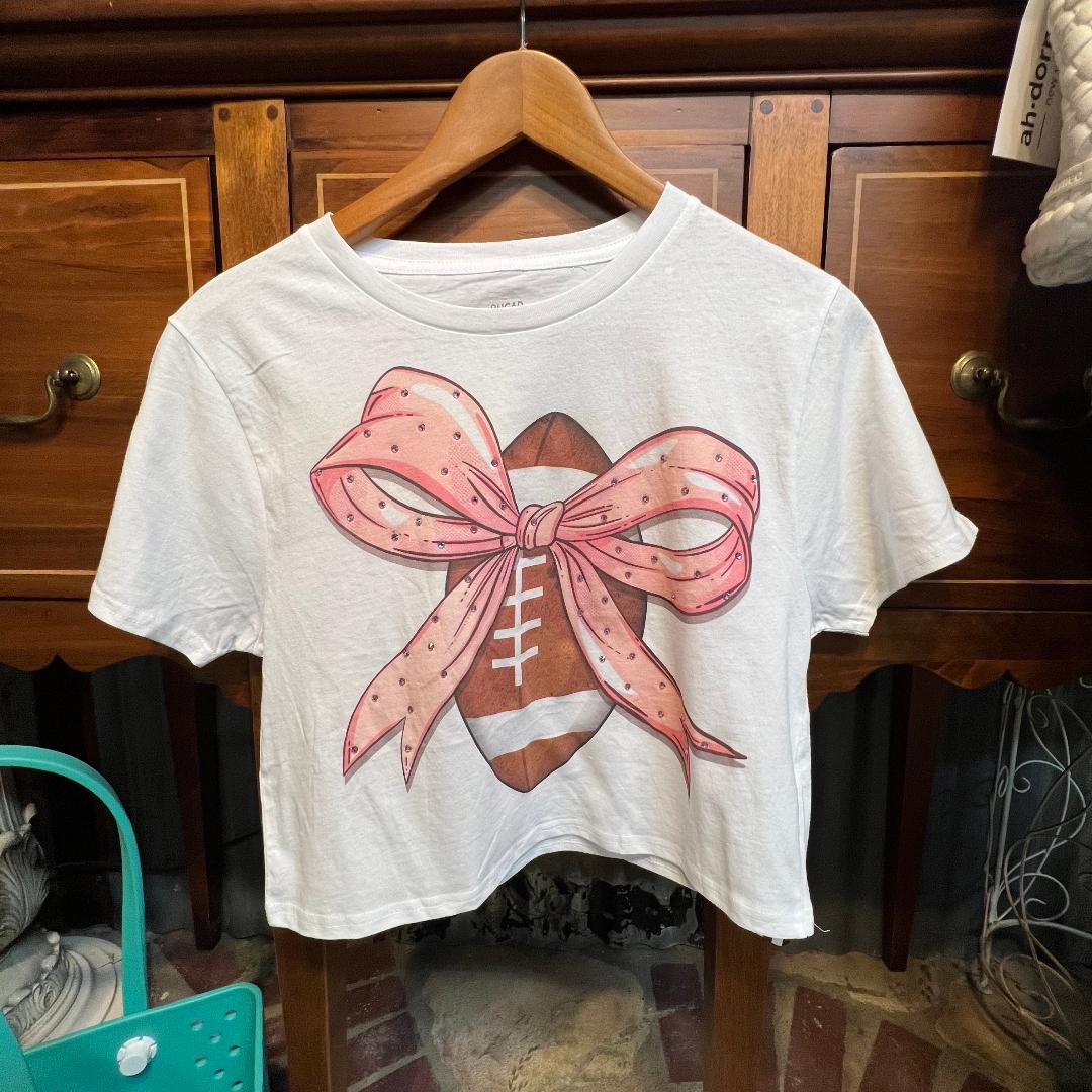 Football Pink Rhinestone Bow Crew Neck Graphic Crop Tee