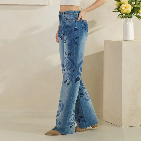 Washed Rose Print Detail Medium Wash Jeans
