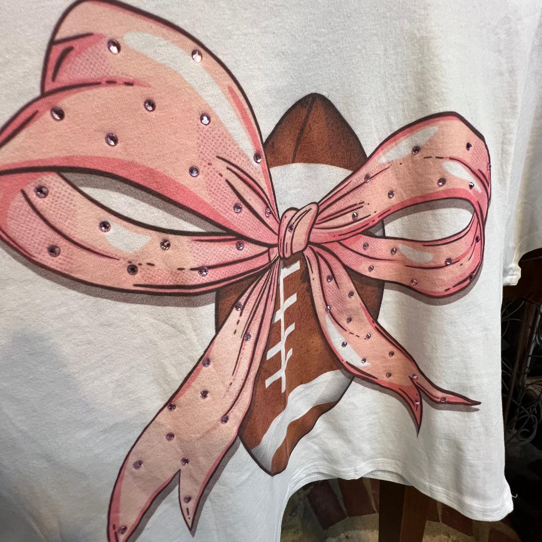 Football Pink Rhinestone Bow Crew Neck Graphic Crop Tee