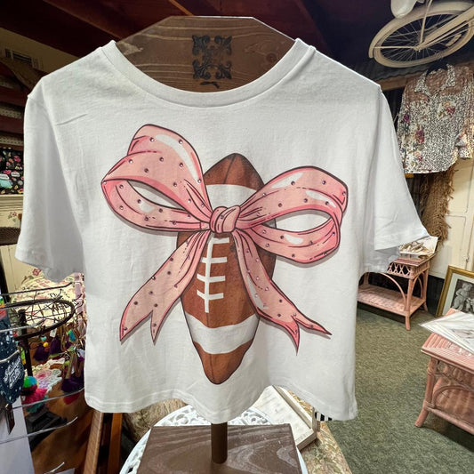 Football Pink Rhinestone Bow Crew Neck Graphic Crop Tee