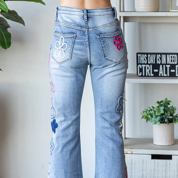 Washed Flower Embroidery Denim Pants