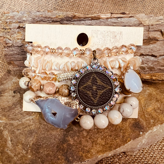 Neutral Color Bead and Gold Stack Up LV Bracelet