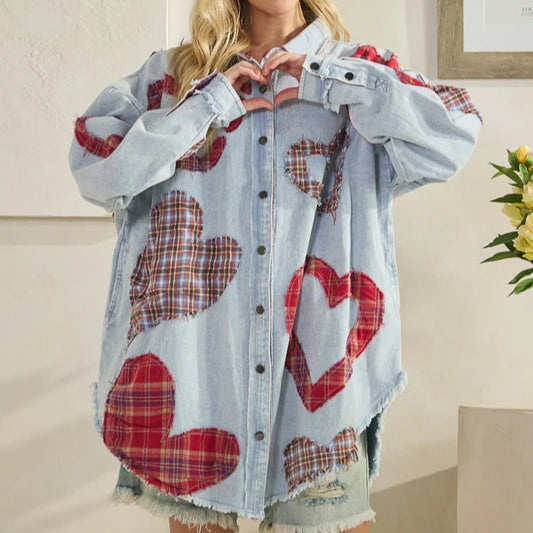 Washed Plaid Heart Patchwork Button Down Shirt