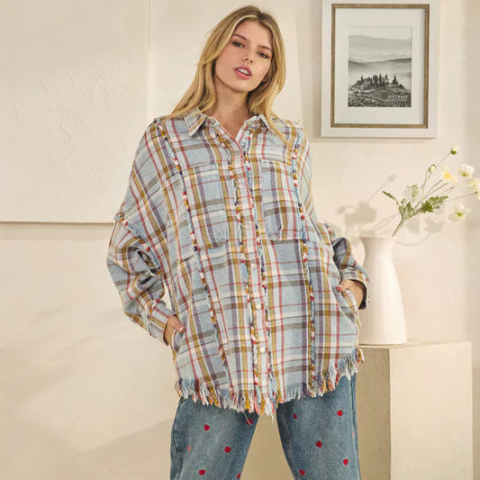 Washed Plaid Snap Button Down Jacket