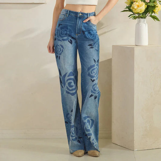 Washed Rose Print Detail Medium Wash Jeans