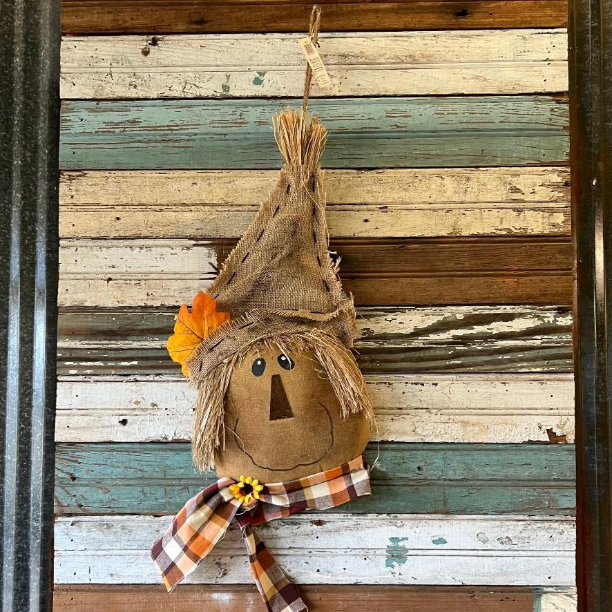 Hanging Scarecrow Head with Pointed Burlap & Raffia Hat