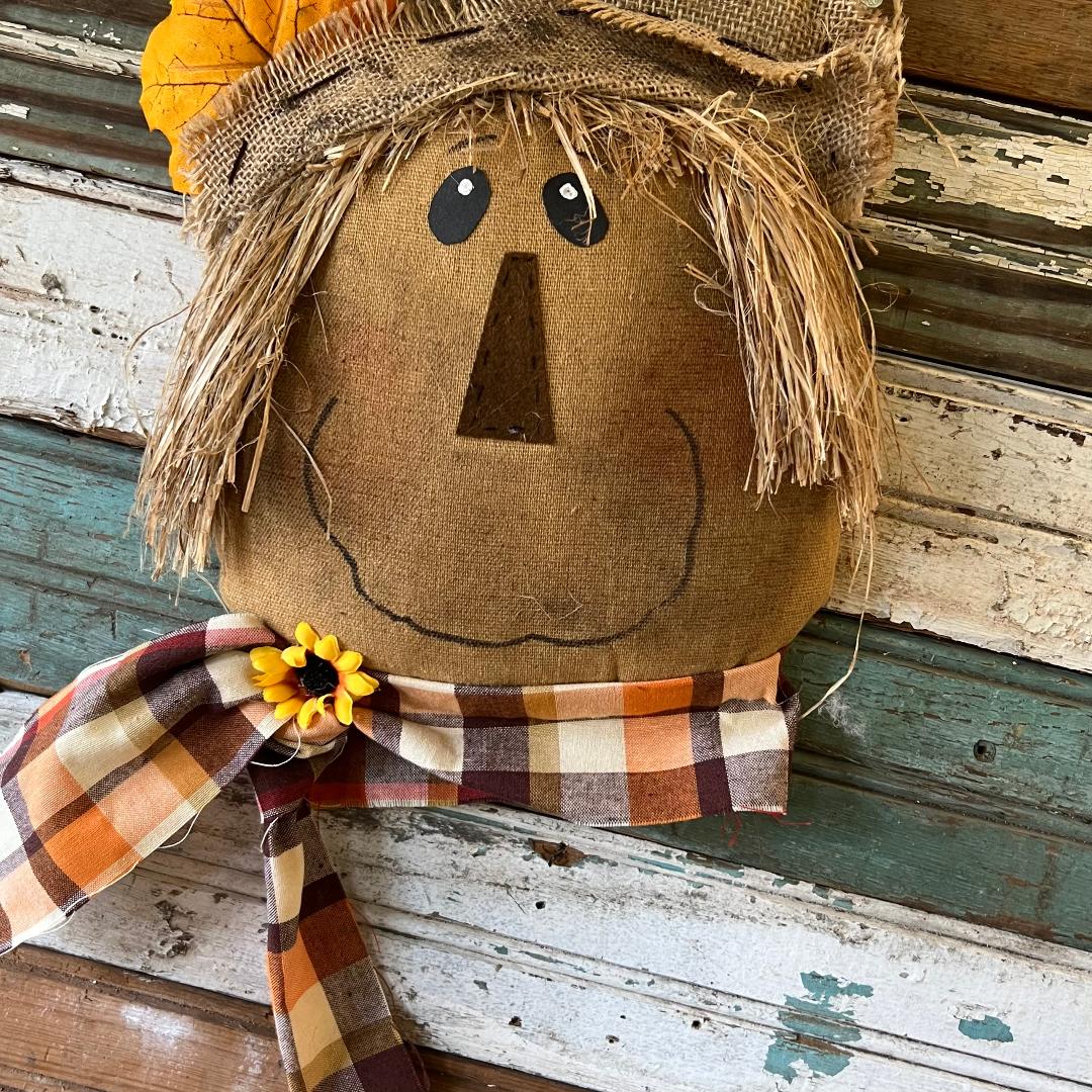 Hanging Scarecrow Head with Pointed Burlap & Raffia Hat