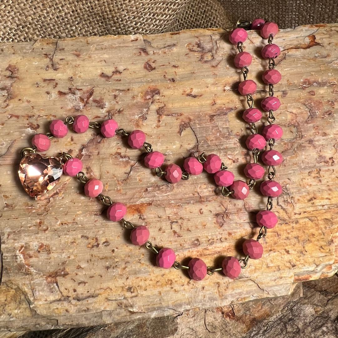 Pink Bead Pink Champagne Crystal Heart Necklace