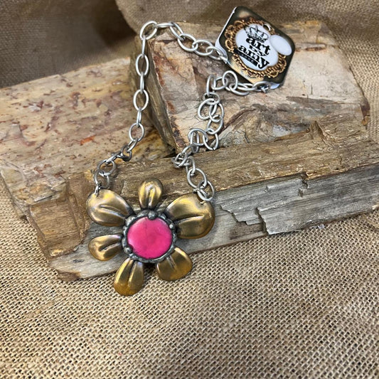 Deep Pink Gemstone Daisy and Brass Unforgettable Necklace