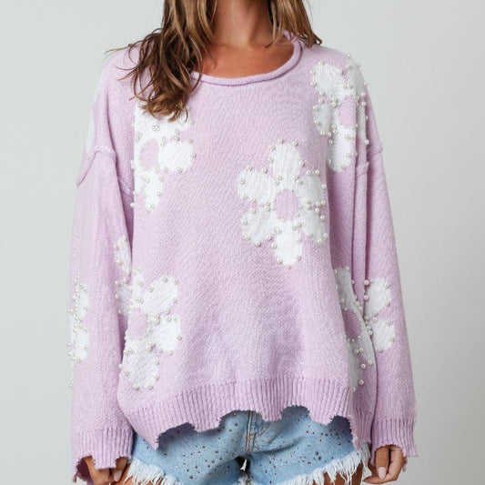 Lavender Floral Print Sweater with Pearl Detail