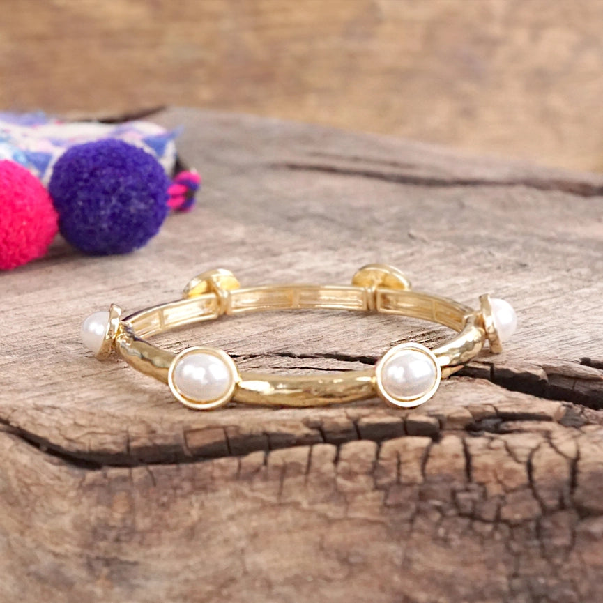 Jeweled Golden Bangle with Faceted Faux Pearls