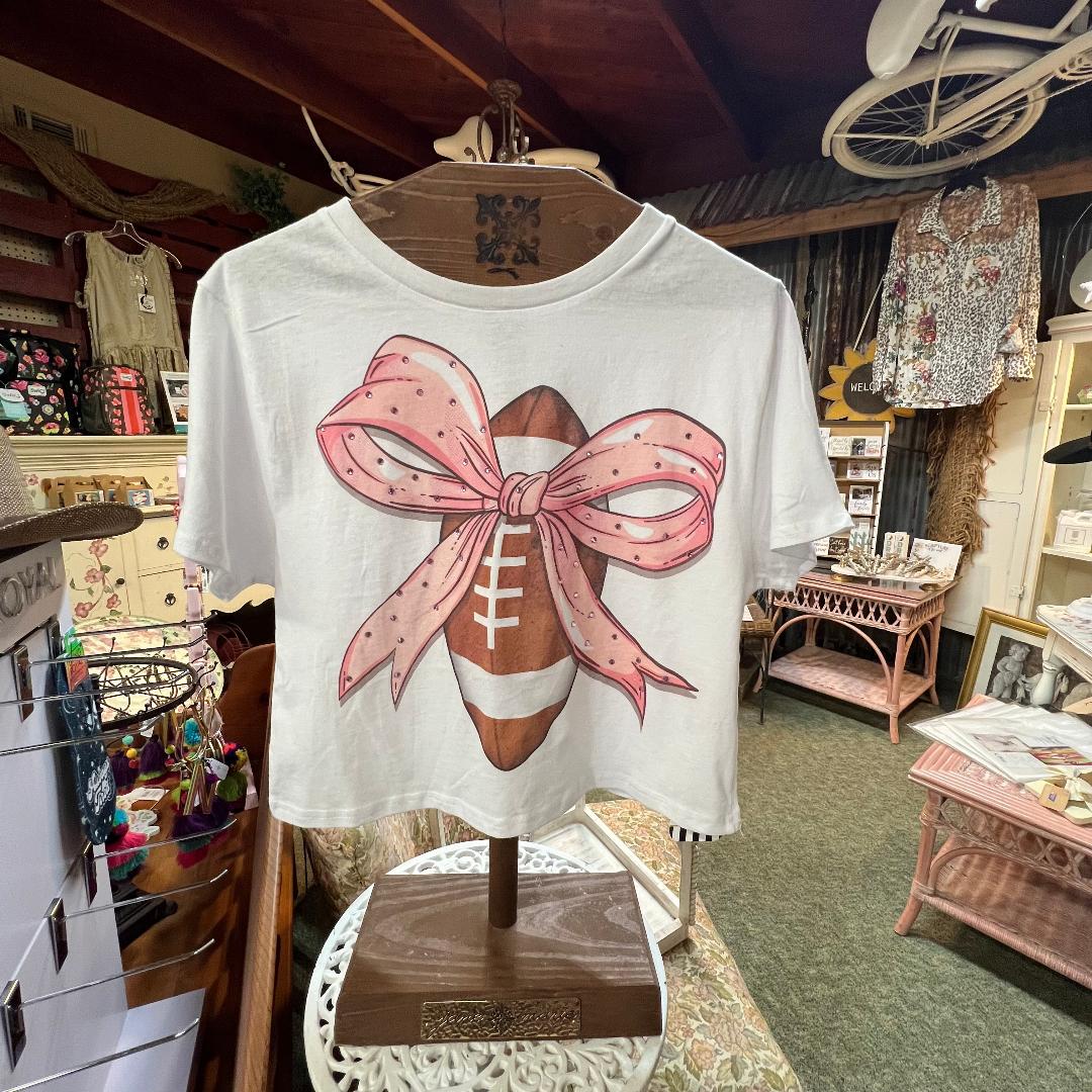 Football Pink Rhinestone Bow Crew Neck Graphic Crop Tee