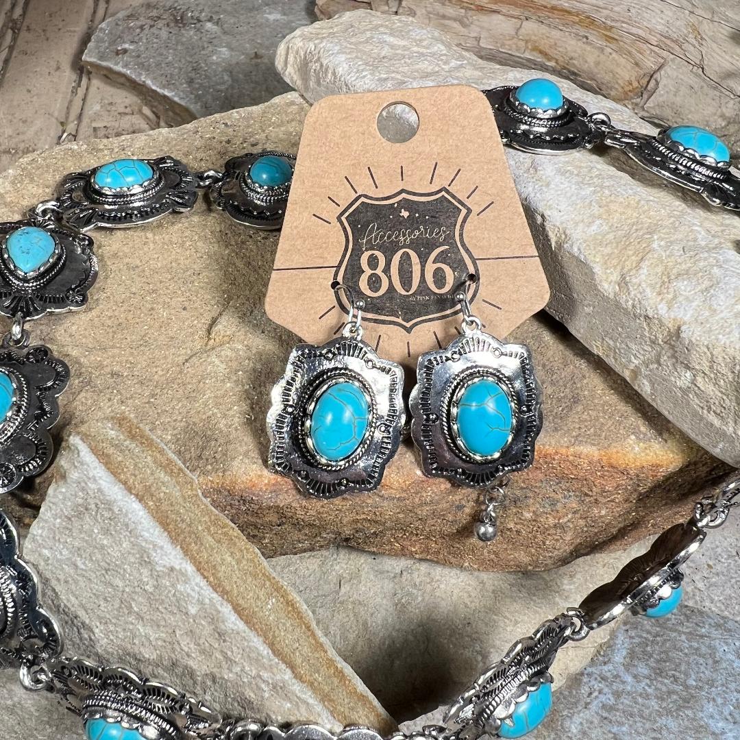 Silver & Turquoise Concho Necklace with Matching Earrings Set