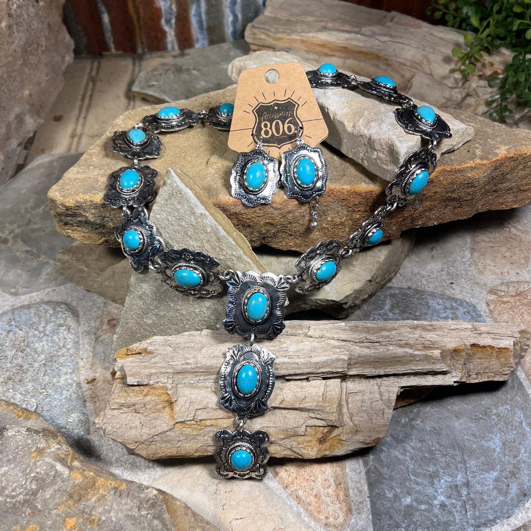 Silver & Turquoise Concho Necklace with Matching Earrings Set