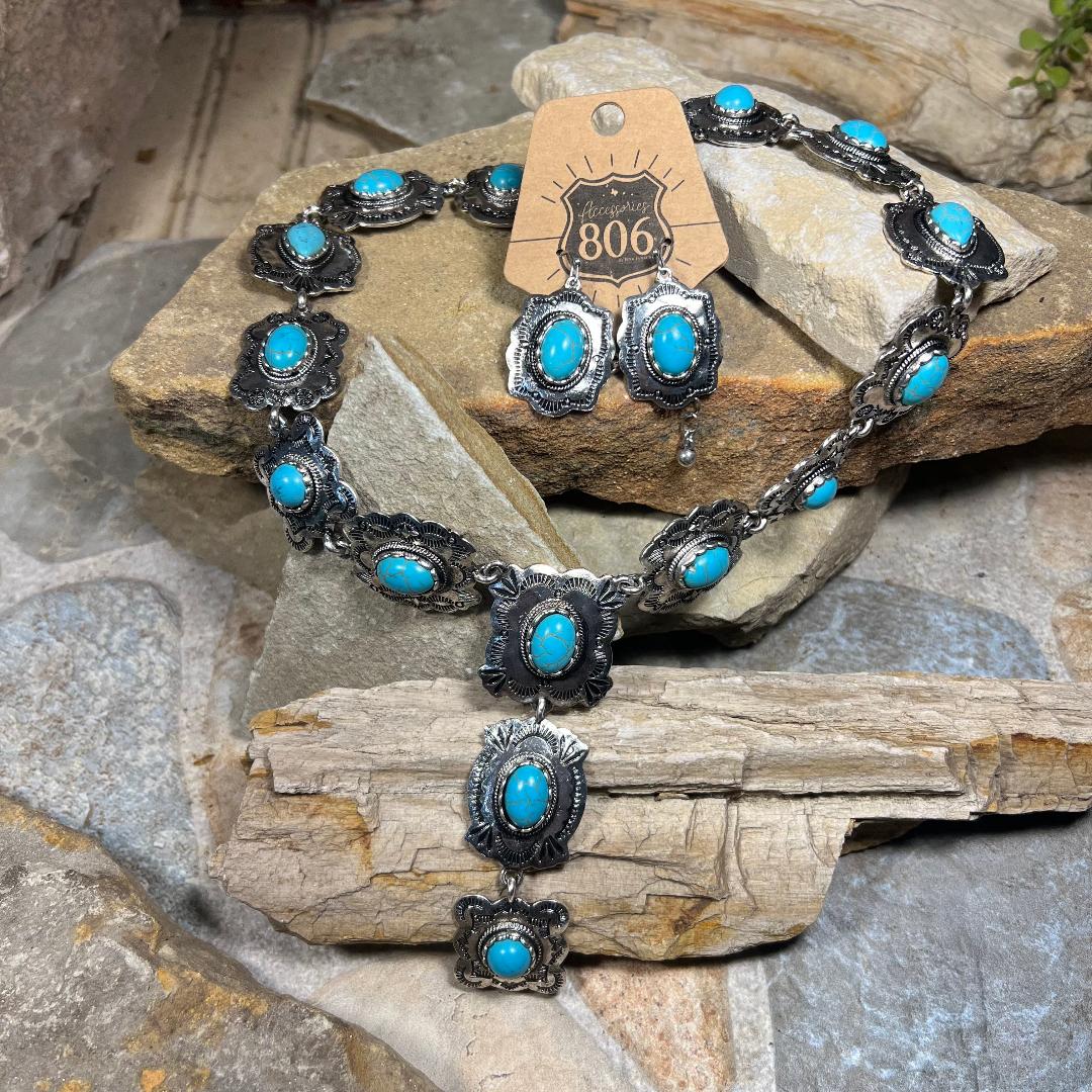 Silver & Turquoise Concho Necklace with Matching Earrings Set