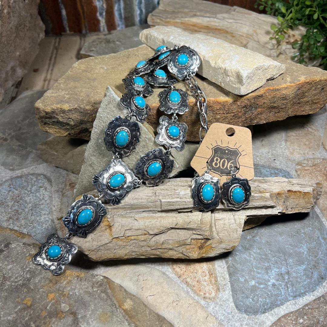 Silver & Turquoise Concho Necklace with Matching Earrings Set