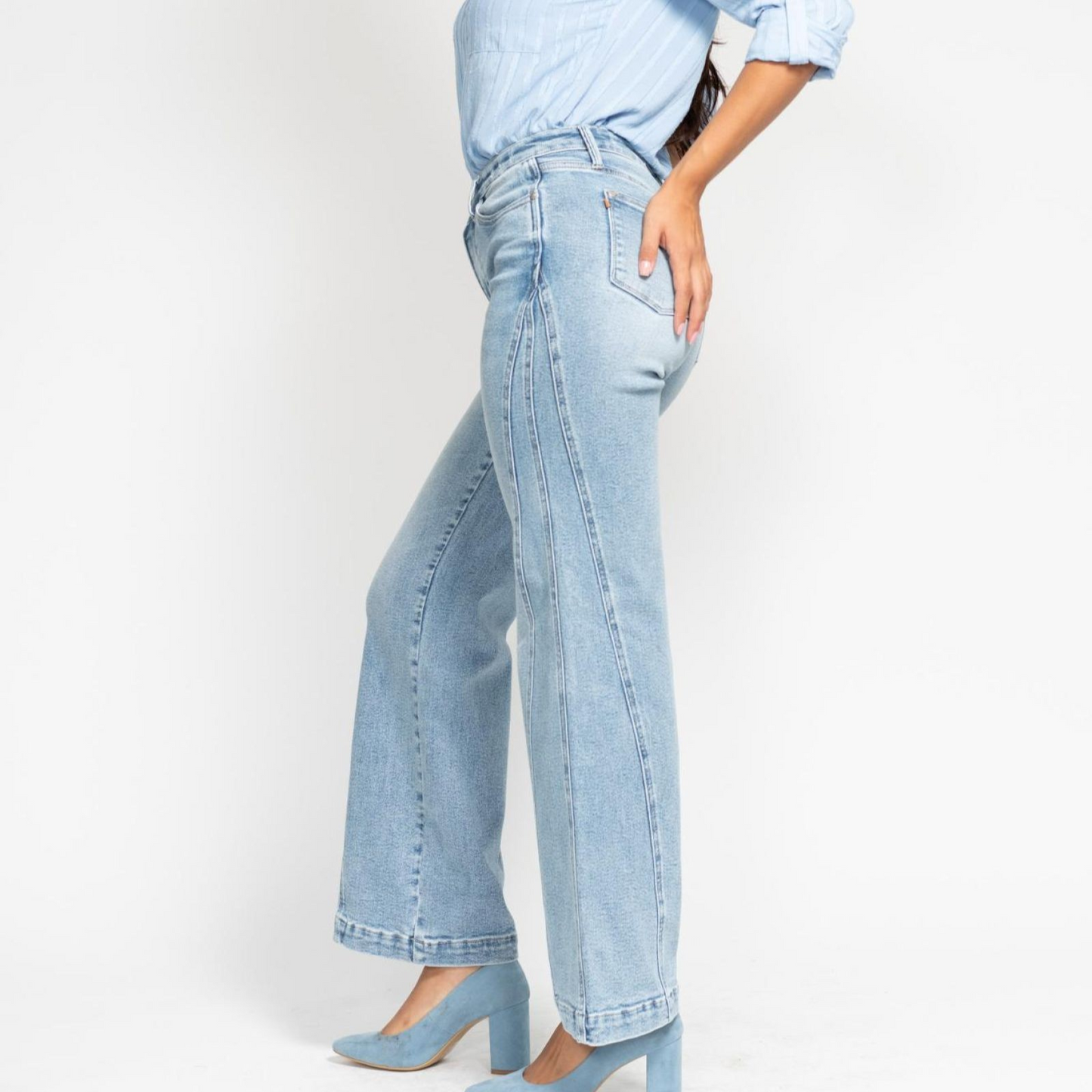 High Waisted Side Seam Detail Retro Wide Leg Jean