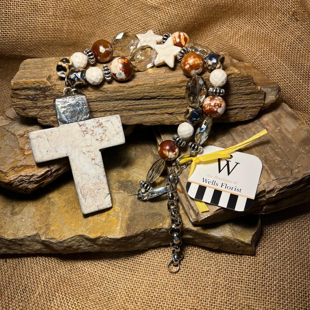 Star & Oval Shape Brown and White Bold Bead Necklace with Large Marbled Cross Pendant